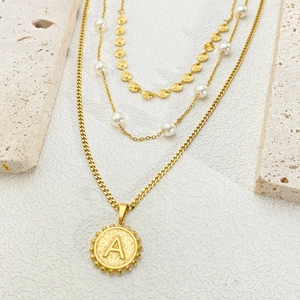 Layered Titanium Steel Gold Plated Necklace For Women With Artificial Pearl Letter A Heart Anchor Chain Pendant Jewelry