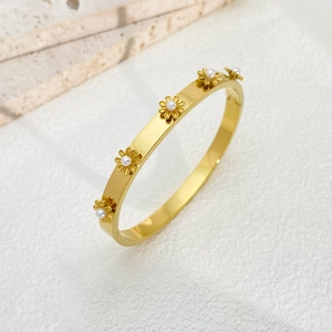 18K gold plated stainless steel sunflower bangle with white pearl inlay for women