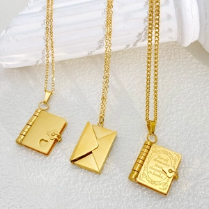 18K Gold Plated Stainless Steel Book Envelope Locket Pendant Necklace For Women Heart Engraved Poetry Quote Jewelry Gift