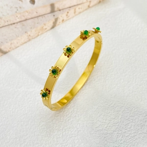 18K gold plated stainless steel sunflower bangle with green gemstones for women