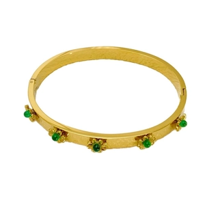 18K gold plated stainless steel sun flower bangle featuring five green gemstones