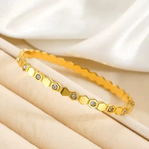 Minimalist 18K gold plated titanium steel honeycomb bracelet with micro-pave crystals