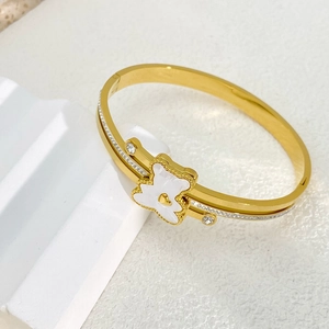 Double-layer gold plated titanium steel bangle with bear charm and white crystals
