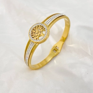 Gold stainless steel Tree of Life cuff bracelet with sparkling cubic zirconia accents