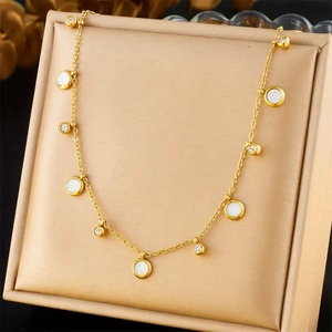 Chic titanium steel necklace with white shell pendants and sparkling zircons on gold chain