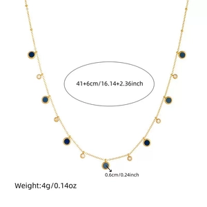 Gold plated titanium steel necklace with blue enamel pendants and measurement details