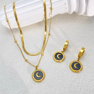 Vintage Titanium Steel Double Layer Snake Bone Chain Necklace Earring Set Gold Plated Crescent Moon Shell Enamel Jewelry For Women