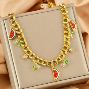Titanium Steel Gold Plated Fruit Pendant Necklace Summer Tropical Style Enamel Watermelon Pineapple Avocado Women Jewelry