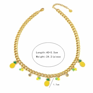 Gold-plated stainless steel chain with cute enamel pineapple and rhinestone charms