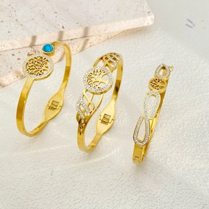 Tree Of Life Stainless Steel Bangle For Women Gold Plated Rhinestone Infinity Pattern Fashion Jewelry Adjustable Bracelet