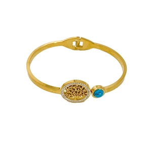 Golden Tree of Life stainless steel open bangle with white diamonds and blue turquoise stone
