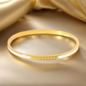 Elegant Stainless Steel Bangle For Women Gold Silver Plated Greek Key Meander Pattern Inlaid Shell Fashion Jewelry Bracelet