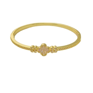 Elegant gold clover open bangle with sparkling cubic zirconia accents for women