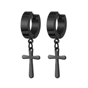Boucles d'oreilles créoles noires avec croix en acier inoxydable pour un style punk gothique