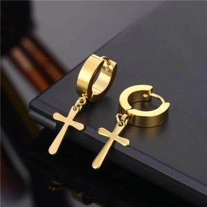 Boucles d'oreilles créoles dorées en acier inoxydable avec pendentif croix style hip-hop