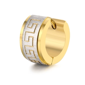 Mens stainless steel huggie earring with Greek Key pattern in gold and silver finish