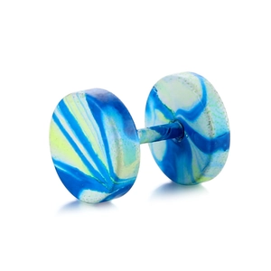 Barbell stud earrings in stainless steel with colorful blue and green marble finish