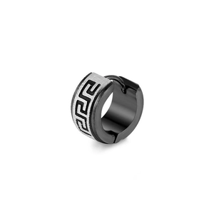 Men's stainless steel hoop earring with black Greek key pattern and matte finish design