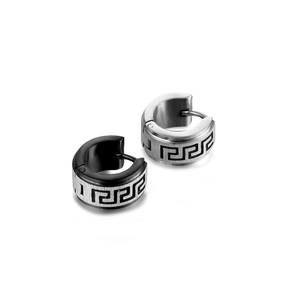 Detail of meander pattern on brushed stainless steel hoop earrings for men
