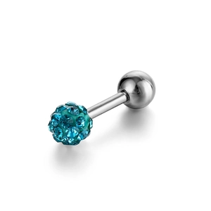 Macro detail of Shamballa crystal ball stud featuring blue pave rhinestones and steel bar