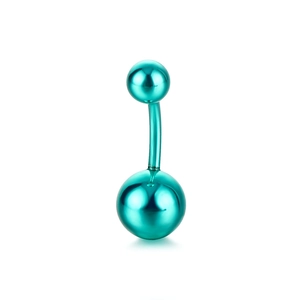 Macro shot of curved stainless steel navel bar with polished cyan blue plating finish