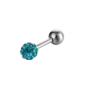 Surgical steel piercing stud with blue paved crystal ball and polished silver bead