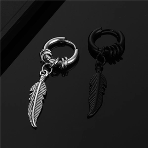 Orecchini a cerchio unisex in acciaio inox con pendenti a piuma argento e nero