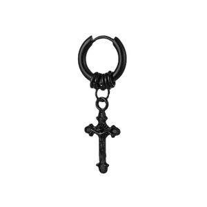 Matte black stainless steel hoop earrings with hanging cross and Jesus relief charms