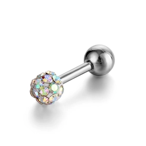 Detailed macro view of a stainless steel barbell stud with iridescent crystal ball
