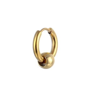 Detailed view of a polished gold titanium steel hoop earring with a sliding metal bead