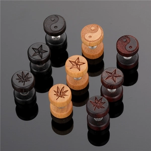 Hip Hop Round Wood Stud Earrings For Men Women Stainless Steel Post Vintage Engraved Star Leaf Tai Chi Wood Earrings Jewelry