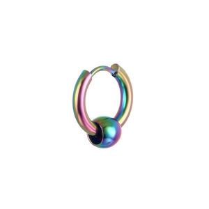 Detailed macro view of rainbow titanium steel hoop earring with a decorative metal bead