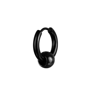 Detailed view of black titanium steel hoop earring with a decorative polished metal bead