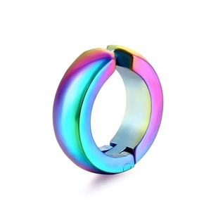 Polished rainbow titanium steel non-piercing hoop earring with colorful gradient finish
