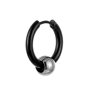 Minimalist black stainless steel hoop earrings with silver bead charm for men and women