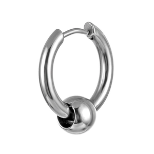 Minimalist silver titanium steel hoop earring with a sliding metal bead on a white background