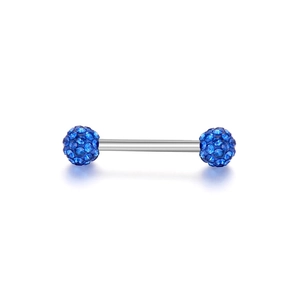 Detailansicht eines Piercing-Stabs aus Edelstahl mit funkelnden blauen Kristallkugeln