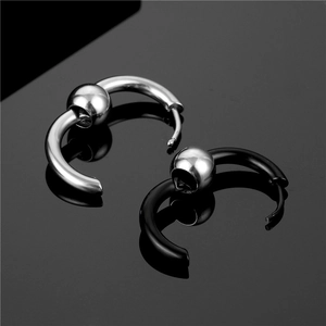 Polished C-shaped titanium steel hoop earrings with ball bead in silver and black colors