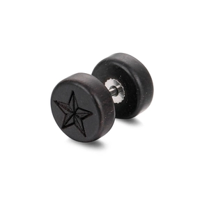 Detail of matte black wood stud earring with engraved star and steel barbell post