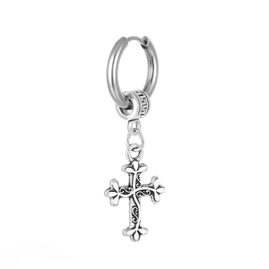 Pendientes de aro en acero inoxidable con colgante de cruz grabada, estilo gótico retro unisex