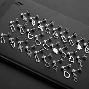 Korean Minimalist Stainless Steel Stud Earrings For Men Women Geometric Dangle Drop Earrings Heart Cross Leaf Key Infinity Earrings Jewelry