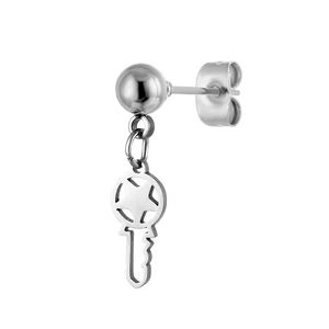 Detailed view of stainless steel ball stud earring with hanging star-cutout key pendant