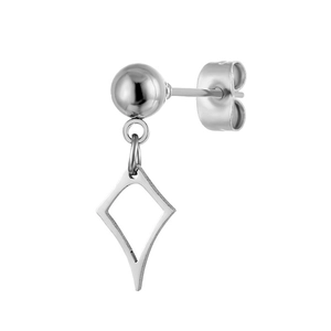 Detailed view of silver stainless steel geometric earrings with diamond-shaped pendants