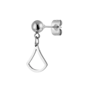 Polished silver stainless steel ball stud earring with hollow trapezoid fan pendant