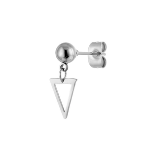 Detailed view of silver stainless steel ball stud earring with hollow triangle charm