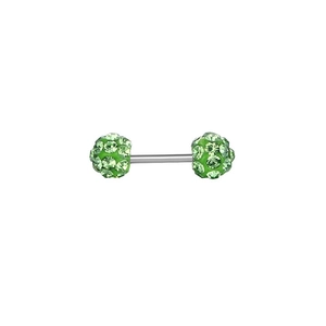 Detailweergave van zilveren barbell lichaamssieraden met groene pavé kristallen bollen