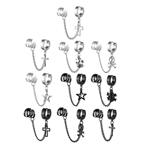 Orecchini a Clip con Catena in Acciaio Inossidable Punk Croce Gotica Teschio Stella Pendenti per Uomo Donna Gioielli Streetwear
