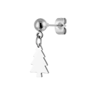 Silver stainless steel stud earring with a hanging Christmas tree pendant and glossy finish