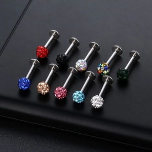 316L Stainless Steel Rhinestone Ball Labret Stud Lip Ring Ear Cartilage Piercing Jewelry For Women Men Multi Colors