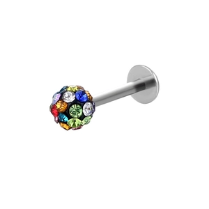Detailed close-up of a titanium steel piercing stud with a multi-colored rhinestone ball